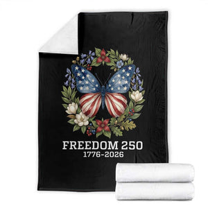 Freedom 250 Years American Flag Butterfly Throw Blanket Floral Wreath Patriotic 1776-2026 Semiquincentennial Celebration TS02 Black Print Your Wear