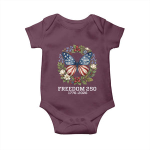 Freedom 250 Years American Flag Butterfly Baby Onesie Floral Wreath Patriotic 1776-2026 Semiquincentennial Celebration TS02 Maroon Print Your Wear