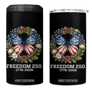 Freedom 250 Years American Flag Butterfly 4 in 1 Can Cooler Tumbler Floral Wreath Patriotic 1776-2026 Semiquincentennial Celebration TS02 One Size: 16 oz Black Print Your Wear