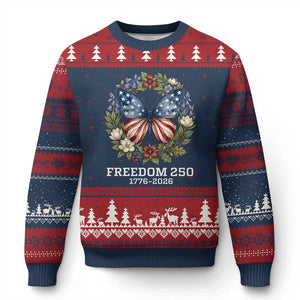 Freedom 250 Years American Flag Butterfly Ugly Christmas Sweater Floral Wreath Patriotic 1776-2026 Semiquincentennial Celebration TS02 Navy Red Print Your Wear