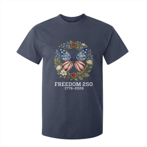 Freedom 250 Years American Flag Butterfly T Shirt For Kid Floral Wreath Patriotic 1776-2026 Semiquincentennial Celebration TS02 Navy Print Your Wear