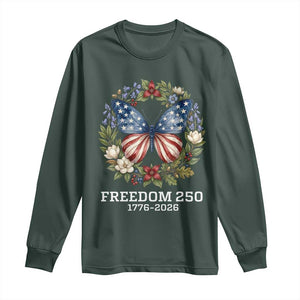 Freedom 250 Years American Flag Butterfly Long Sleeve Shirt Floral Wreath Patriotic 1776-2026 Semiquincentennial Celebration TS02 Dark Forest Green Print Your Wear