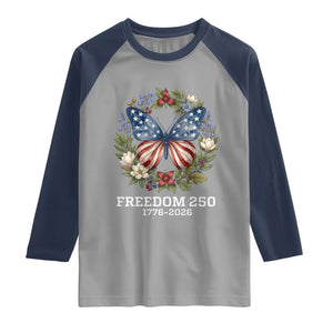 Freedom 250 Years American Flag Butterfly Raglan Shirt Floral Wreath Patriotic 1776-2026 Semiquincentennial Celebration TS02 Sport Gray Navy Print Your Wear