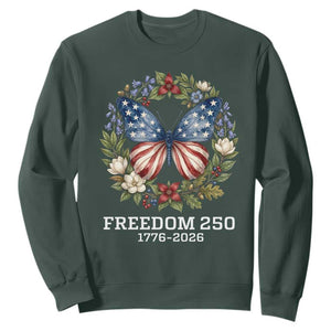 Freedom 250 Years American Flag Butterfly Sweatshirt Floral Wreath Patriotic 1776-2026 Semiquincentennial Celebration TS02 Dark Forest Green Print Your Wear