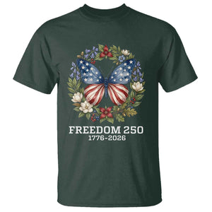 Freedom 250 Years American Flag Butterfly T Shirt Floral Wreath Patriotic 1776-2026 Semiquincentennial Celebration TS02 Dark Forest Green Print Your Wear