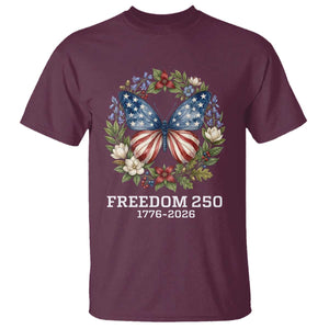 Freedom 250 Years American Flag Butterfly T Shirt Floral Wreath Patriotic 1776-2026 Semiquincentennial Celebration TS02 Maroon Print Your Wear