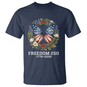 Freedom 250 Years American Flag Butterfly T Shirt Floral Wreath Patriotic 1776-2026 Semiquincentennial Celebration TS02 Navy Print Your Wear