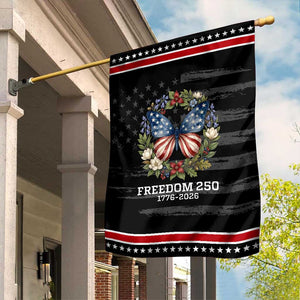 Freedom 250 Years American Flag Butterfly Garden Flag Floral Wreath Patriotic 1776-2026 Semiquincentennial Celebration TS02 Distressed Black Red Print Your Wear