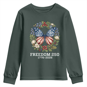Freedom 250 Years American Flag Butterfly Youth Sweatshirt Floral Wreath Patriotic 1776-2026 Semiquincentennial Celebration TS02 Dark Forest Green Print Your Wear