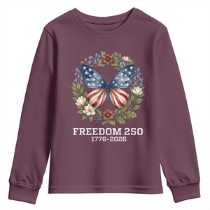 Freedom 250 Years American Flag Butterfly Youth Sweatshirt Floral Wreath Patriotic 1776-2026 Semiquincentennial Celebration TS02 Maroon Print Your Wear