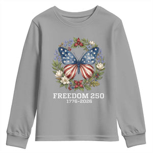 Freedom 250 Years American Flag Butterfly Youth Sweatshirt Floral Wreath Patriotic 1776-2026 Semiquincentennial Celebration TS02 Sport Gray Print Your Wear