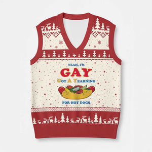 Yeah I’m GAY Got A Yearning For Hot Dogs V-Neck Knit Sweater Vest Funny Foodie Humor Retro Graphic TS02 Beige Red Print Your Wear