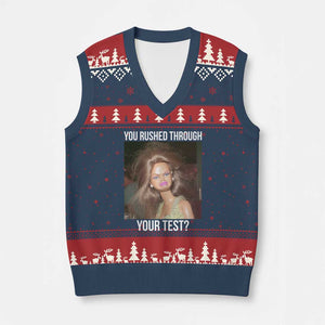 Funny Disheveled Doll Meme Testing Day V-Neck Knit Sweater Vest You Rushed Through Your Test Teacher Reaction Humor TS02 Navy Red Print Your Wear