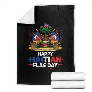 Happy Haitian Flag Day May 18 Heritage Celebration Throw Blanket L'Union Fait La Force Coat Of Arms Fireworks