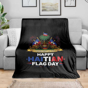 Happy Haitian Flag Day May 18 Heritage Celebration Throw Blanket L'Union Fait La Force Coat Of Arms Fireworks