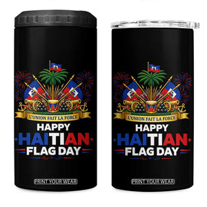 Happy Haitian Flag Day May 18 Heritage Celebration 4 in 1 Can Cooler Tumbler L'Union Fait La Force Coat Of Arms Fireworks