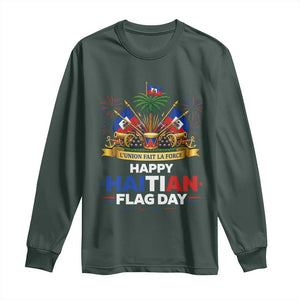 Happy Haitian Flag Day May 18 Heritage Celebration Long Sleeve Shirt L'Union Fait La Force Coat Of Arms Fireworks