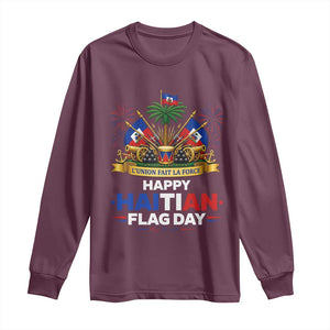 Happy Haitian Flag Day May 18 Heritage Celebration Long Sleeve Shirt L'Union Fait La Force Coat Of Arms Fireworks