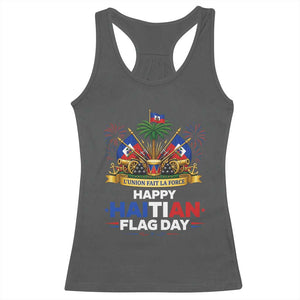 Happy Haitian Flag Day May 18 Heritage Celebration Racerback Tank Top L'Union Fait La Force Coat Of Arms Fireworks