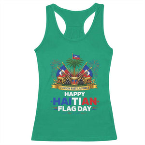Happy Haitian Flag Day May 18 Heritage Celebration Racerback Tank Top L'Union Fait La Force Coat Of Arms Fireworks