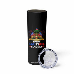 Happy Haitian Flag Day May 18 Heritage Celebration Skinny Tumbler L'Union Fait La Force Coat Of Arms Fireworks