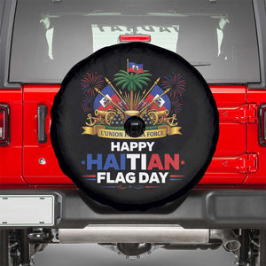 Happy Haitian Flag Day May 18 Heritage Celebration Spare Tire Cover L'Union Fait La Force Coat Of Arms Fireworks