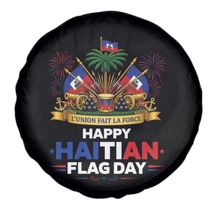 Happy Haitian Flag Day May 18 Heritage Celebration Spare Tire Cover L'Union Fait La Force Coat Of Arms Fireworks