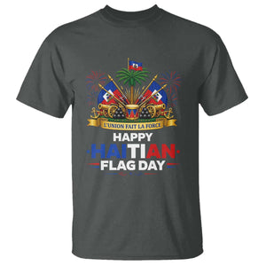 Happy Haitian Flag Day May 18 Heritage Celebration T Shirt L'Union Fait La Force Coat Of Arms Fireworks