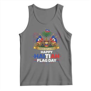 Happy Haitian Flag Day May 18 Heritage Celebration Tank Top L'Union Fait La Force Coat Of Arms Fireworks