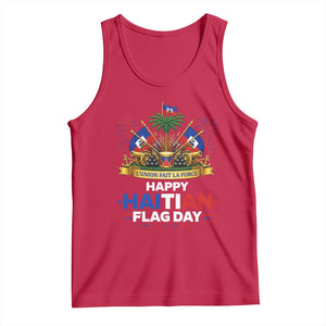 Happy Haitian Flag Day May 18 Heritage Celebration Tank Top L'Union Fait La Force Coat Of Arms Fireworks