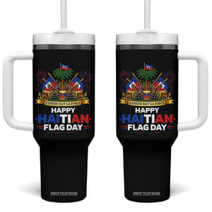 Happy Haitian Flag Day May 18 Heritage Celebration Tumbler With Handle L'Union Fait La Force Coat Of Arms Fireworks