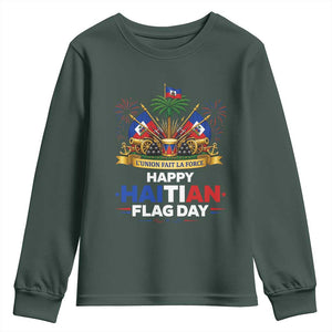 Happy Haitian Flag Day May 18 Heritage Celebration Youth Sweatshirt L'Union Fait La Force Coat Of Arms Fireworks