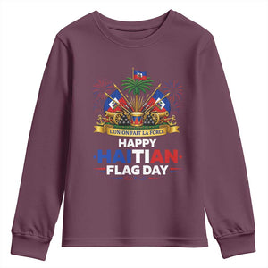 Happy Haitian Flag Day May 18 Heritage Celebration Youth Sweatshirt L'Union Fait La Force Coat Of Arms Fireworks