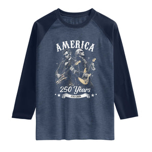 America 250 Years Abraham Lincoln and George Washington Rock Concert Raglan Shirt Presidents Jamming Electric Guitars 1776 to 2026 Semiquincentennial TS02 Heather Denim Navy Print Your Wear
