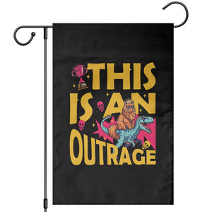 This Is An Outrage Sassy Cat Riding Raptor Dinosaur Garden Flag Retro Pop Art Graphic
