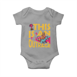 This Is An Outrage Sassy Cat Riding Raptor Dinosaur Baby Onesie Retro Pop Art Graphic