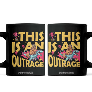 This Is An Outrage Sassy Cat Riding Raptor Dinosaur Coffee Mug Retro Pop Art Graphic