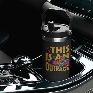 This Is An Outrage Sassy Cat Riding Raptor Dinosaur Flip Straw Tumbler Retro Pop Art Graphic
