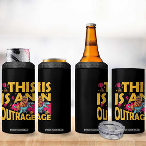 This Is An Outrage Sassy Cat Riding Raptor Dinosaur 4 in 1 Can Cooler Tumbler Retro Pop Art Graphic