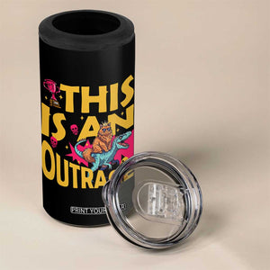 This Is An Outrage Sassy Cat Riding Raptor Dinosaur 4 in 1 Can Cooler Tumbler Retro Pop Art Graphic