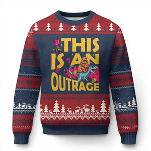This Is An Outrage Sassy Cat Riding Raptor Dinosaur Ugly Christmas Sweater Retro Pop Art Graphic