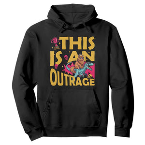 This Is An Outrage Sassy Cat Riding Raptor Dinosaur Hoodie Retro Pop Art Graphic