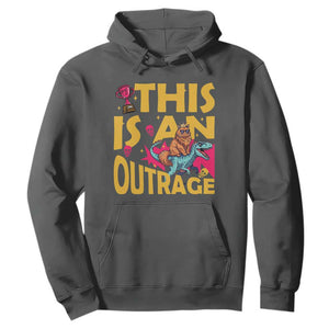 This Is An Outrage Sassy Cat Riding Raptor Dinosaur Hoodie Retro Pop Art Graphic