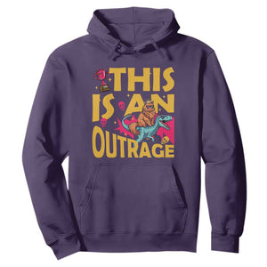 This Is An Outrage Sassy Cat Riding Raptor Dinosaur Hoodie Retro Pop Art Graphic