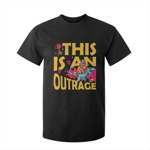 This Is An Outrage Sassy Cat Riding Raptor Dinosaur T Shirt For Kid Retro Pop Art Graphic