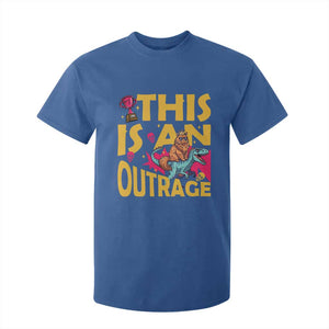 This Is An Outrage Sassy Cat Riding Raptor Dinosaur T Shirt For Kid Retro Pop Art Graphic