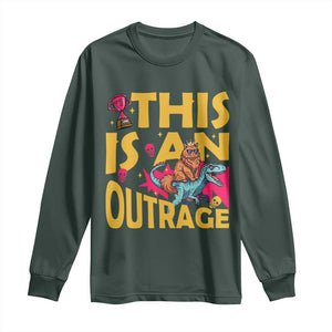 This Is An Outrage Sassy Cat Riding Raptor Dinosaur Long Sleeve Shirt Retro Pop Art Graphic