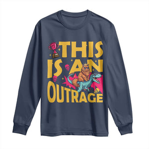 This Is An Outrage Sassy Cat Riding Raptor Dinosaur Long Sleeve Shirt Retro Pop Art Graphic