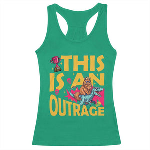 This Is An Outrage Sassy Cat Riding Raptor Dinosaur Racerback Tank Top Retro Pop Art Graphic