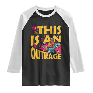This Is An Outrage Sassy Cat Riding Raptor Dinosaur Raglan Shirt Retro Pop Art Graphic